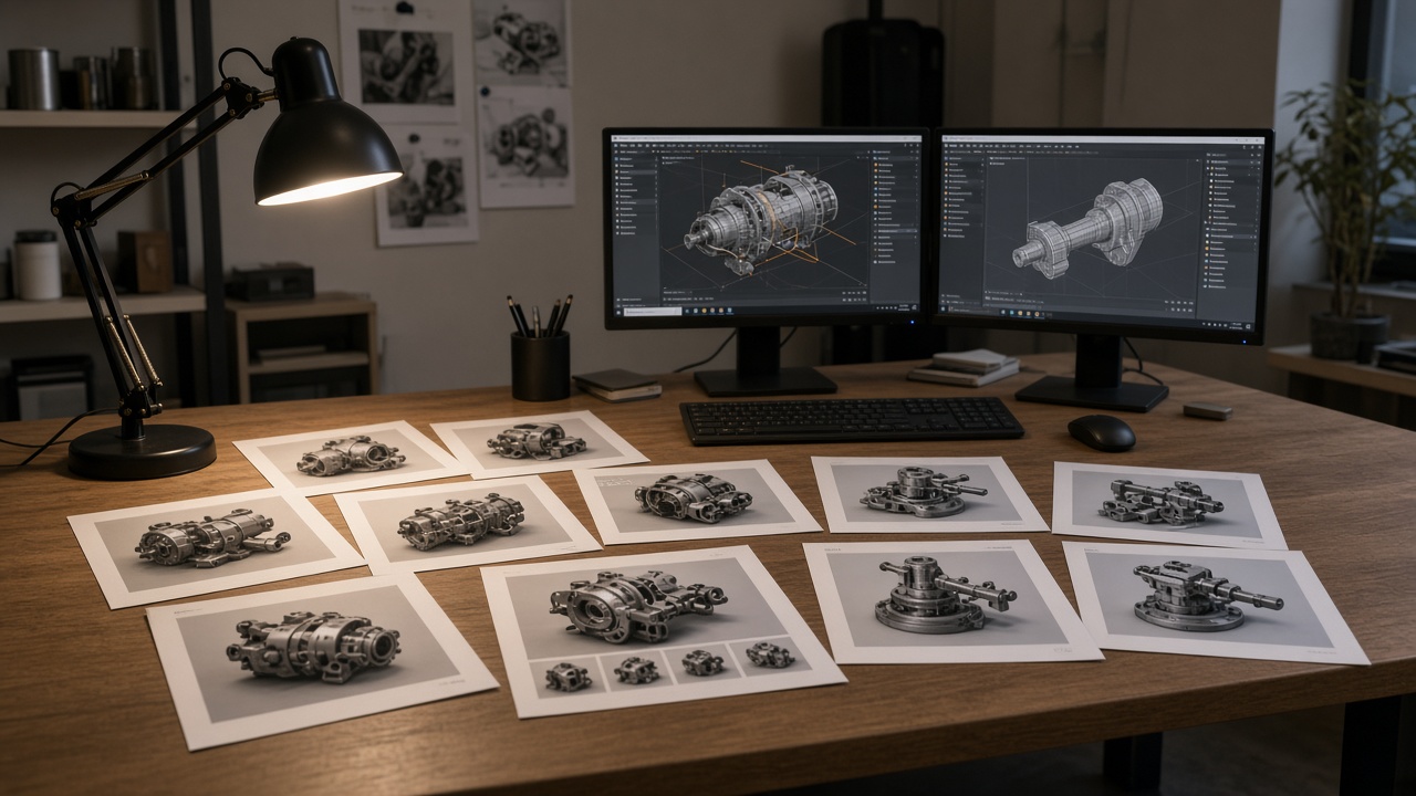 無人のデスクに並ぶ3Dターンテーブル資料とモニター