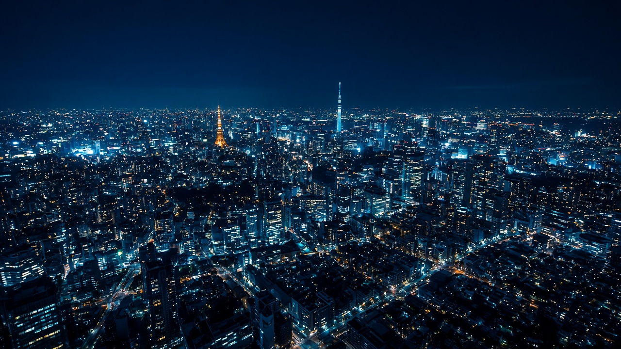 夜の東京を上空から見た景観。人物は写っていません。